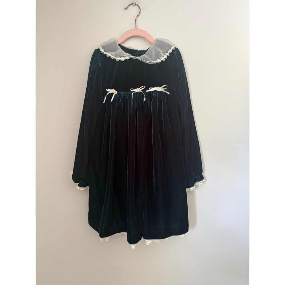 Good Lad Girls Forest Green Velvet Lace Collar Christmas Holiday PartyDress 6/6X